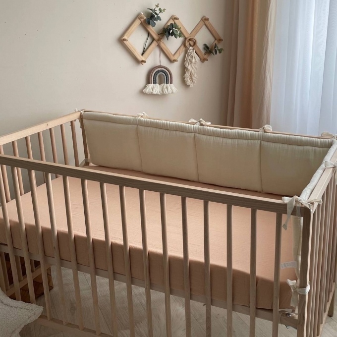 Husa saltea patuț bebe copii din muselină 120 x 60 cm, bej (5)